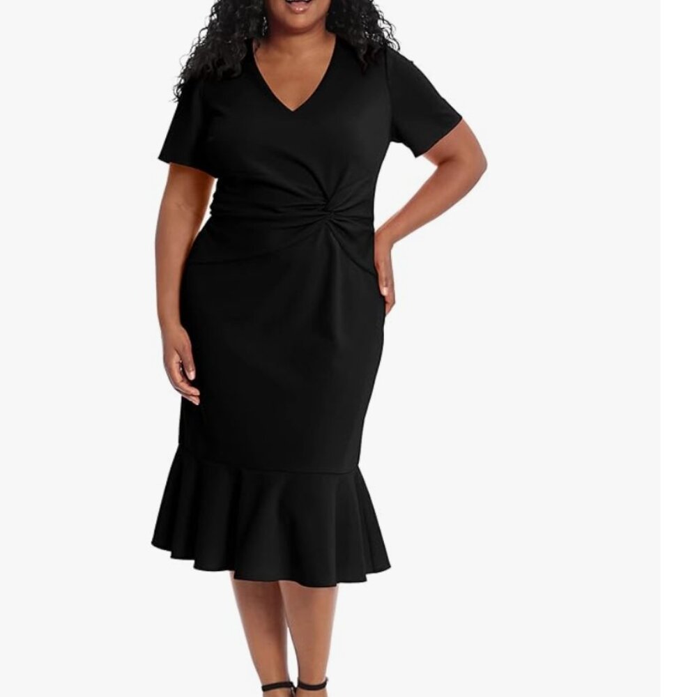 London Times Women's V Neck Twist Midi Dress